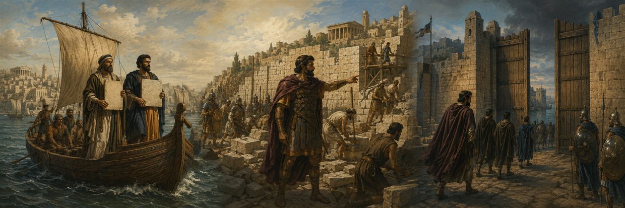 Judean envoys cross the sea as Jonathan strengthens Jerusalem and cautiously approaches the gates of Ptolemais